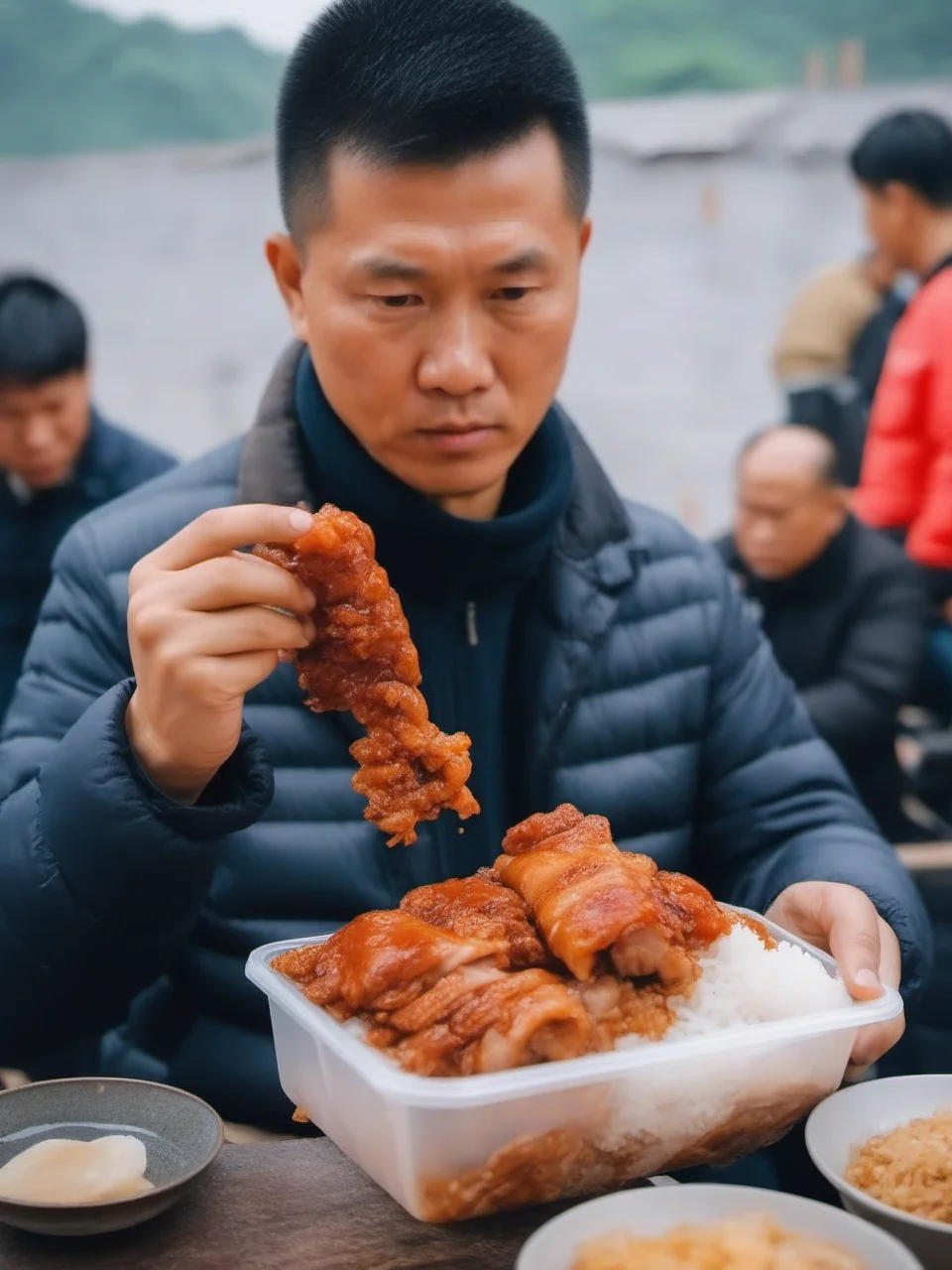 A man at a construction site is eating Longjiang Pork Knuckle Rice from a plastic box, construction site background<lora:1121212_v1.0:0.8>