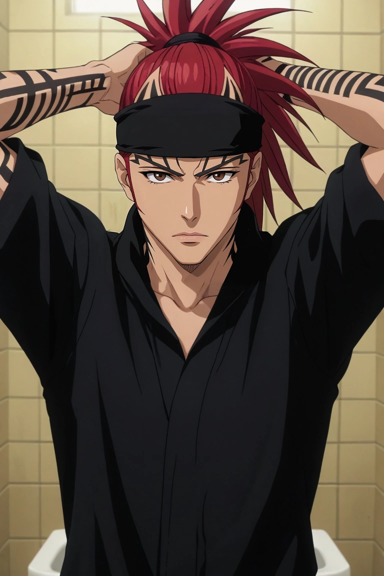 score_9, score_8_up, score_7_up, source_anime, rating_safe, , anime screencap, anime coloring, official style, , depth of field, 1boy, solo, male focus, <lora:renji_abarai_pony:0.92>, renji_abarai, red hair, brown eyes, spiked hair, long hair, ponytail, tattoo, , cowboy shot, bathroom, dawn, arms above head, angry, lion costume, <lora:sdxl_lightning_8step_lora:1>
