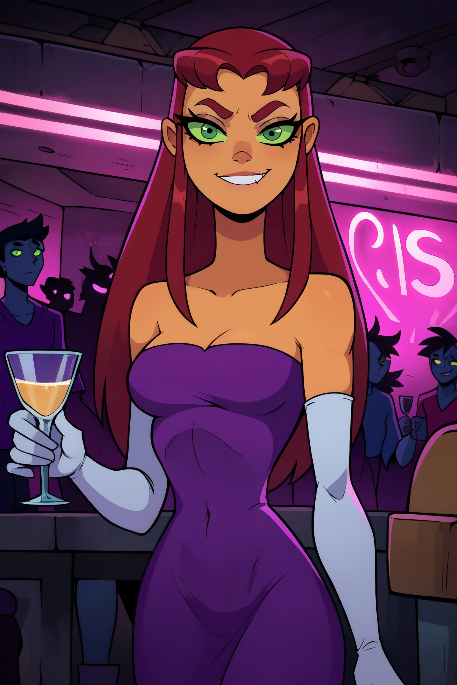zPDXL2,<lora:CitronAnimeTreasure:.7>,<lora:StarfireOG:.8>
Koriand'r, woman, long red hair, green sclera, orange skin,purple dress, white elbow gloves, looking at viewer, serious, smirk, standing, holding martini glass, inside nightclub, neon lighting, crowd,