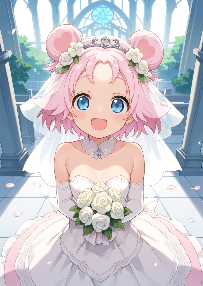 score_9, score_8_up, score_7_up, score_6_up, score_5_up, labra, blue eyes, pink hair, short hair, double bun, 1girl, solo, smile, open mouth, wedding dress, wedding veil, church,
