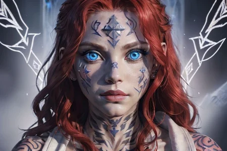 bright red hair, human female, (feminine:1.7), (beautiful face, detailed face:1.6), (beautiful eyes, detailed eyes:1.7), (looking at viewer, eye contact, intense:1.6), (long hair, red hair, curly hair:1.3), , ((masterpiece, best quality, high resolution, realistic, best quality,)), photo realistic, Perfect Face, (detailed face). <lora:GoodHands-vanilla:0.6> <lora:add-detail-xl:0.8>, mage, (Dress White military uniform coat), dagger, rune dagger, glowing runes, , (((glowing magic symbols tattoos, religious tattoos))), ((face tattoos)), glowing tattoos, stone tower in the background
