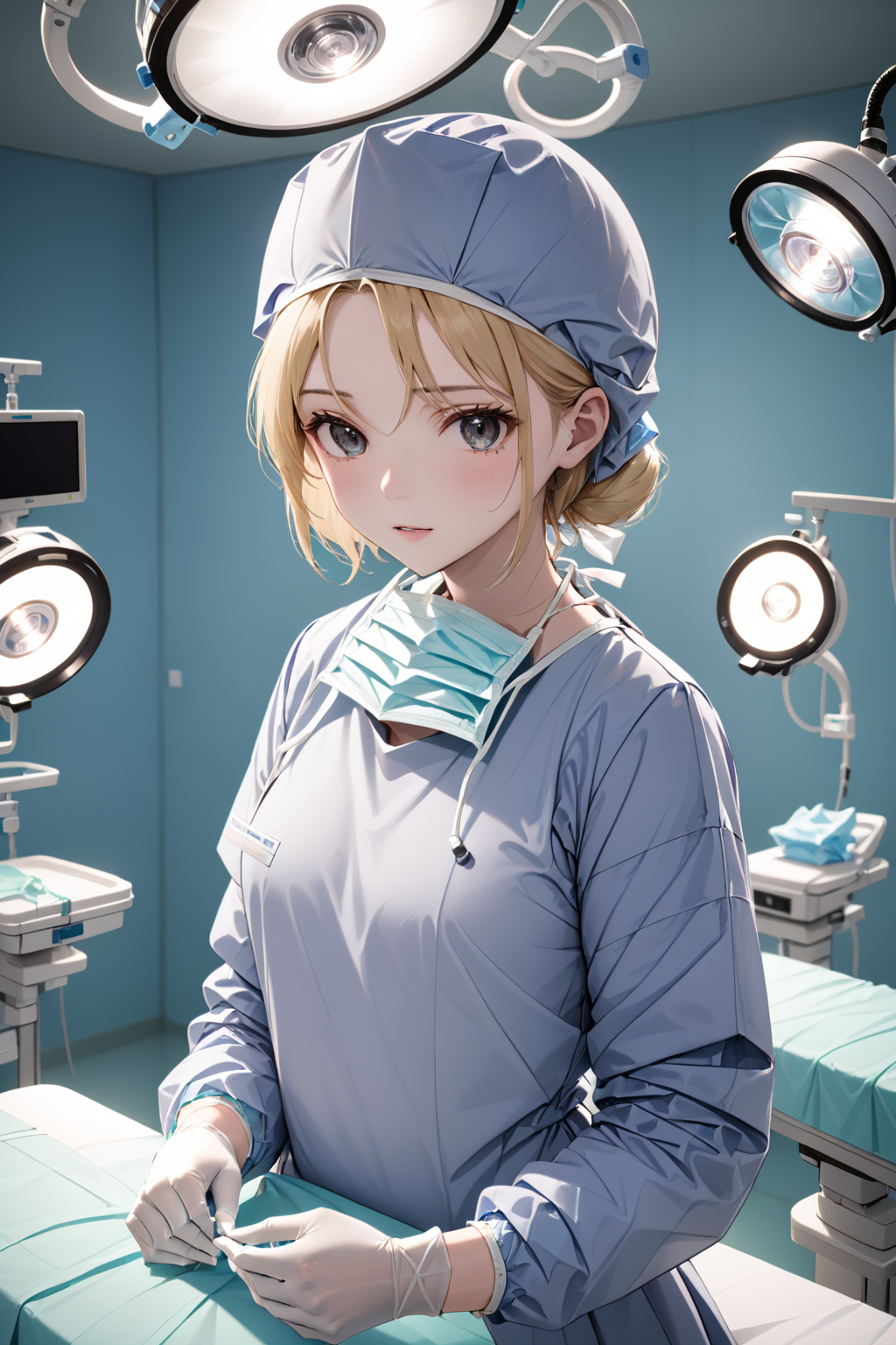 (RAW photo, best quality), 1girl,  blonde, long sleeve surgical outfit,  surgical gloves, surgical cap,  operating room, overhead surgical light, blurred background, focused 
 <lora:concept_surgeon_mask_open_xl_v1:1>, surgical_mask_open, completely_undone, masterpiece, best quality,