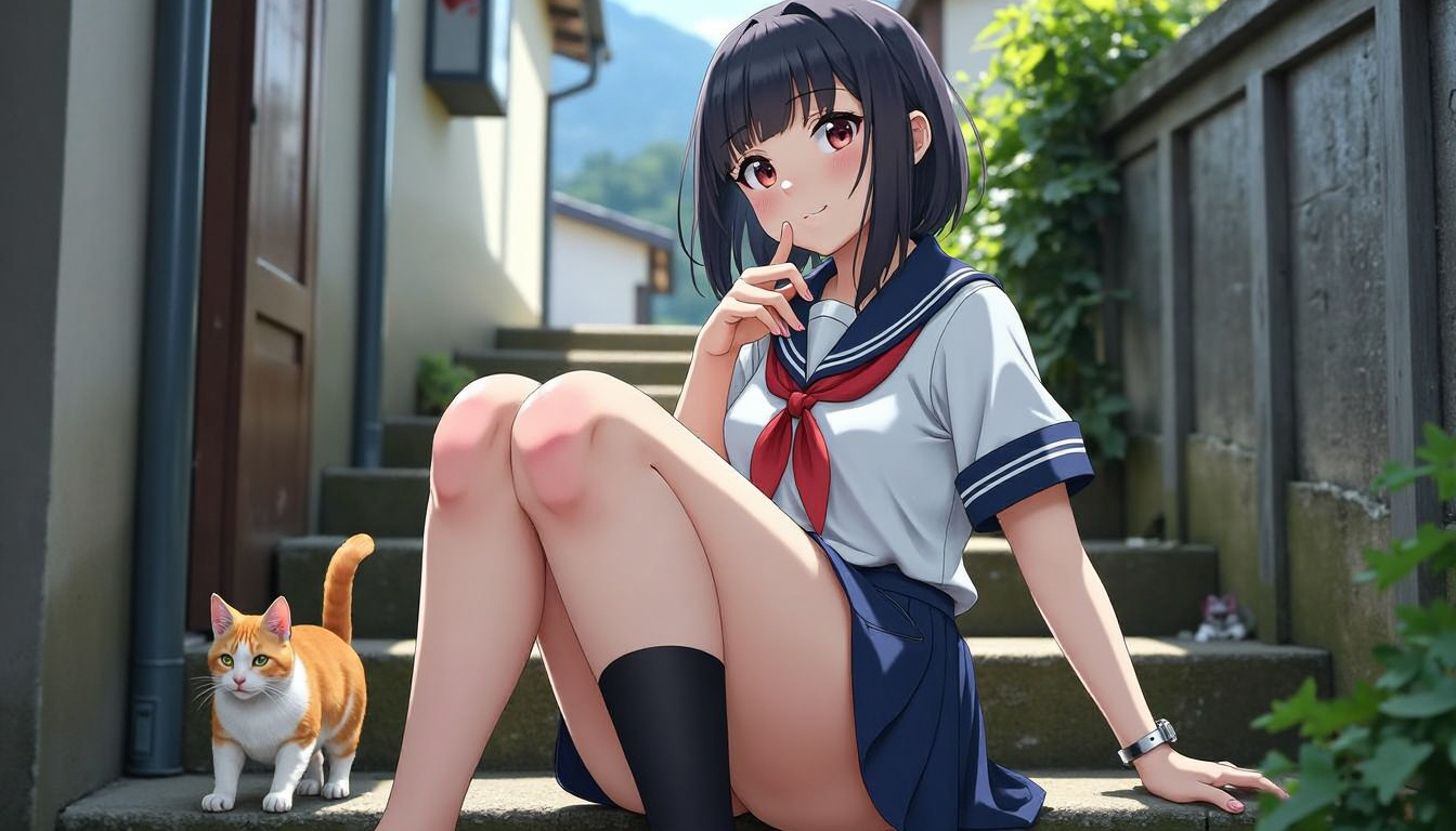 Photographie professionnel d'Une magnifique jeune japonaise, assise sur les marches d'un escalier en pierre d'un petit village japonais dans  une petite ruelle, un chat rode a coté d'elle.Elle porte un uniforme avec une jupe courte, elle écarte ses cuisse galbée exposant  sa culotte rose bonbon avec un flot bleu.