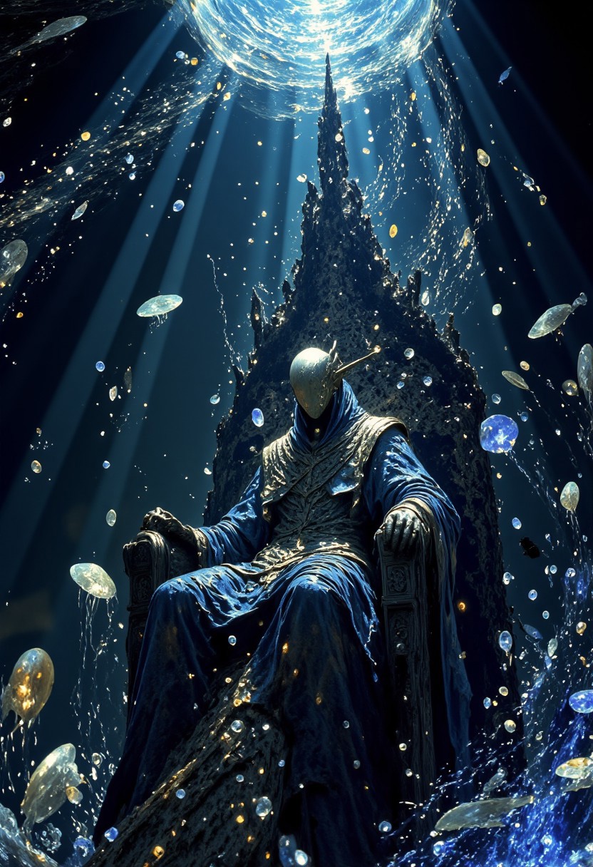 Masterpiece, A stunningly detailed and hyper-realistic underwater scene featuring a majestic monarch seated on a colossal throne crafted from black coral and obsidian. The monarch exudes an aura of power and elegance, their attire a blend of regal and abyssal, adorned with glowing bioluminescent patterns. Surrounding them are ethereal deep-sea creatures, including glowing jellyfish, mysterious fish, and swirling schools of luminescent particles. The lighting creates a surreal ambiance, with faint shafts of sunlight filtering from above, adding depth to the dark, mysterious ocean floor. The throne is intricately detailed, with sharp edges and natural formations, emphasizing both elegance and the raw power of the abyss. Masterpiece, ultra-detailed textures, cinematic lighting, and awe-inspiring composition.