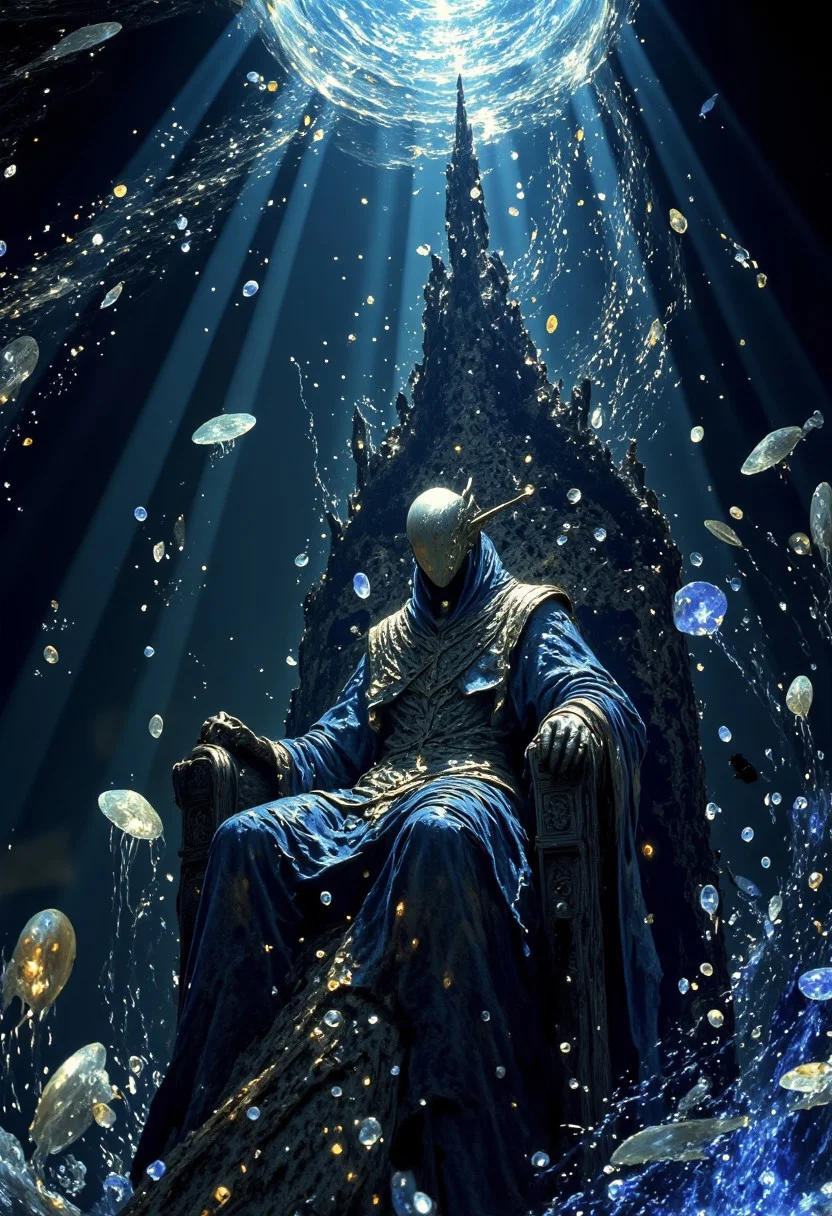 Masterpiece, A stunningly detailed and hyper-realistic underwater scene featuring a majestic monarch seated on a colossal throne crafted from black coral and obsidian. The monarch exudes an aura of power and elegance, their attire a blend of regal and abyssal, adorned with glowing bioluminescent patterns. Surrounding them are ethereal deep-sea creatures, including glowing jellyfish, mysterious fish, and swirling schools of luminescent particles. The lighting creates a surreal ambiance, with faint shafts of sunlight filtering from above, adding depth to the dark, mysterious ocean floor. The throne is intricately detailed, with sharp edges and natural formations, emphasizing both elegance and the raw power of the abyss. Masterpiece, ultra-detailed textures, cinematic lighting, and awe-inspiring composition.
