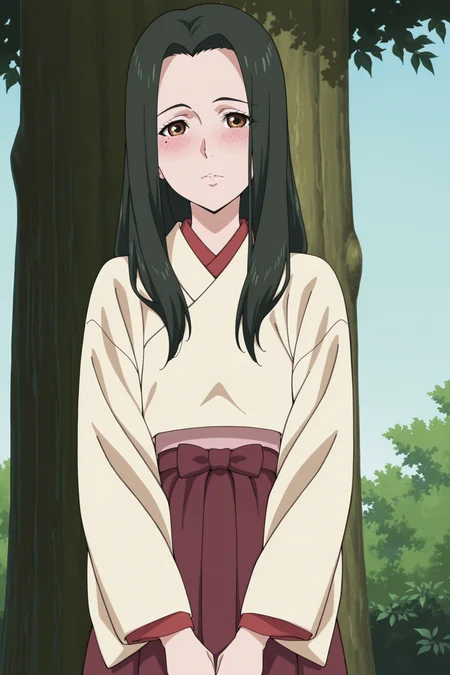 masterpiece, best quality, anime coloring, anime screencap,
<lora:Amaru_Hanare_Isaribi_and_Koyuki_Naruto:.9>
outside, under a tree,
Hanare (character), 1girl, solo, black hair, long hair, mole under eye, brown eyes,
Hanare casual outfit, Japanese clothes, long sleeves, kimono, skirt,
cowboy shot, blushing, looking at the viewer