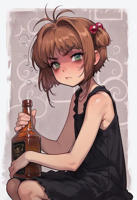 score_9, score_8_up, score_8, side view, 1girl, Kinomoto_Sakura, (young:1.5), green_eyes, brown_hair, short_hair, antenna_hair, hair_intakes, flat_chest, hair_bobbles, drunk, holding whiskey, angry, bags under eyes, shouting, facing viewer, pointing at viewer, looking at viewer, Expressiveh, detailed background, very detailed, Bar background, sitting at bar