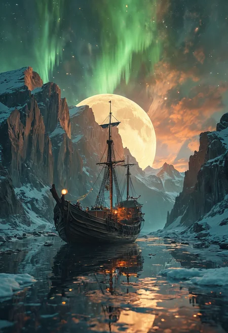 Valhalla viking ship flying to the moon through aurora northern lights, solar wind, magnetospheric plasma, ionization, thermosphere/exosphere, cold/warm, milky way background, cosmic, astral, quantic, lucid dream, jaccob ladder, cyberpunk medieval norse celtic art,energy-filled epic science fiction film concept digital art by Maciej Kuciara and Vincent Di Fate, Hasselblad electric camera 70mm film, double long exposure panoramic photo in the style of Ansel Adams <lora:add-detail-xl:1> <lora:MJ52:0.5>