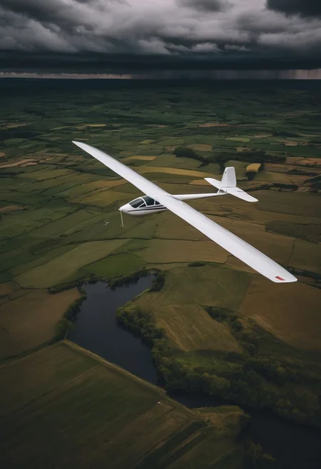 ultrarealistic photography, (white sailplane flying thousand feet above the ground in a banking turn), thousand feet altitude, (dark clouds background:1.4), (stormy weather in background:1.2), fields and rivers in the depth below, high resolution photography, 8K, UHD, (candid shot)