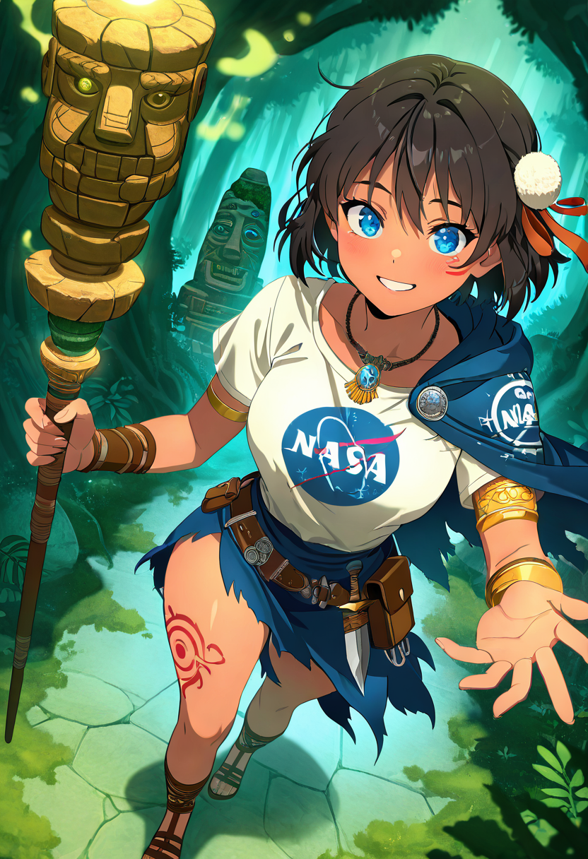 masterpiece, best quality, solo, curvy, beautiful eyes, narrow waist, wide hips, 1girl, solo, smile, looking at viewer, dynamic angle, foreshortening, close up,     N4S4, shirt, demin skirt,   ,<lora:NASAShirtAnime_IXL_v1:1.0>, [Mythic Jungle Explorer], torn cape from ancient banner, hand-woven tunic with tribal motifs, golden armlets, obsidian dagger belt, leather-bound journal pouch, layered amulet necklace, ceremonial leggings with feathers, enchanted sandals, spirit-mark tattoos, moss-draped staff, glowing jungle totem, reverent pose,