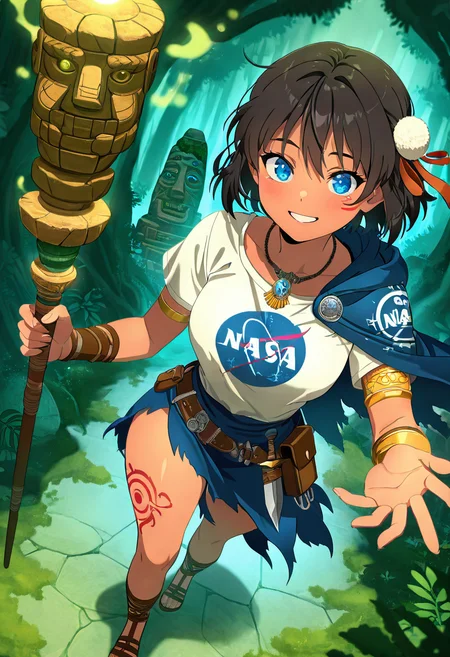 masterpiece, best quality, solo, curvy, beautiful eyes, narrow waist, wide hips, 1girl, solo, smile, looking at viewer, dynamic angle, foreshortening, close up,     N4S4, shirt, demin skirt,   ,<lora:NASAShirtAnime_IXL_v1:1.0>, [Mythic Jungle Explorer], torn cape from ancient banner, hand-woven tunic with tribal motifs, golden armlets, obsidian dagger belt, leather-bound journal pouch, layered amulet necklace, ceremonial leggings with feathers, enchanted sandals, spirit-mark tattoos, moss-draped staff, glowing jungle totem, reverent pose,