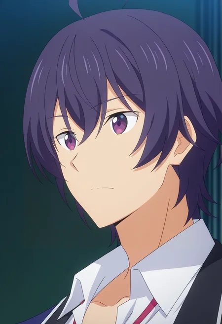 masterpiece, best quality, , anime screencap, , official style,, 1boy, solo, male focus, <lora:shin_wolford_ilxl:0.9>, shin_wolford, purple hair, purple eyes, short hair, ahoge, hair between eyes, ,