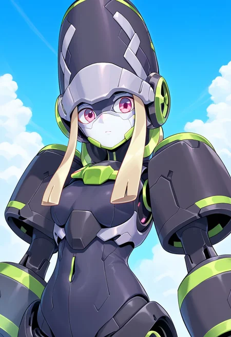 score_9, score_8_up, score_7_up, genista, 1girl, solo, purple eyes, upper body, sky, pink eyes, blue sky, glowing, robot, mecha, android, middle finger