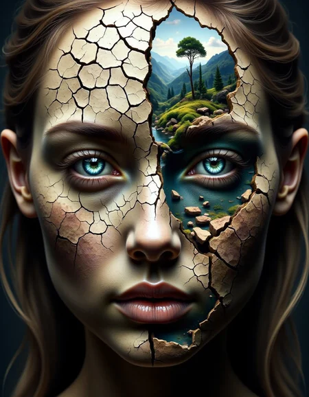 double-exposure. This is a highly detailed, surreal digital artwork featuring a face with a cracked, desolate landscape. The face is depicted in a cracked, dry, and barren earth texture, reminiscent of parched desert or drought-stricken land. The face's skin is a mottled, cracked surface with deep fissures, creating a stark contrast to the vibrant, lush elements that adorn it.