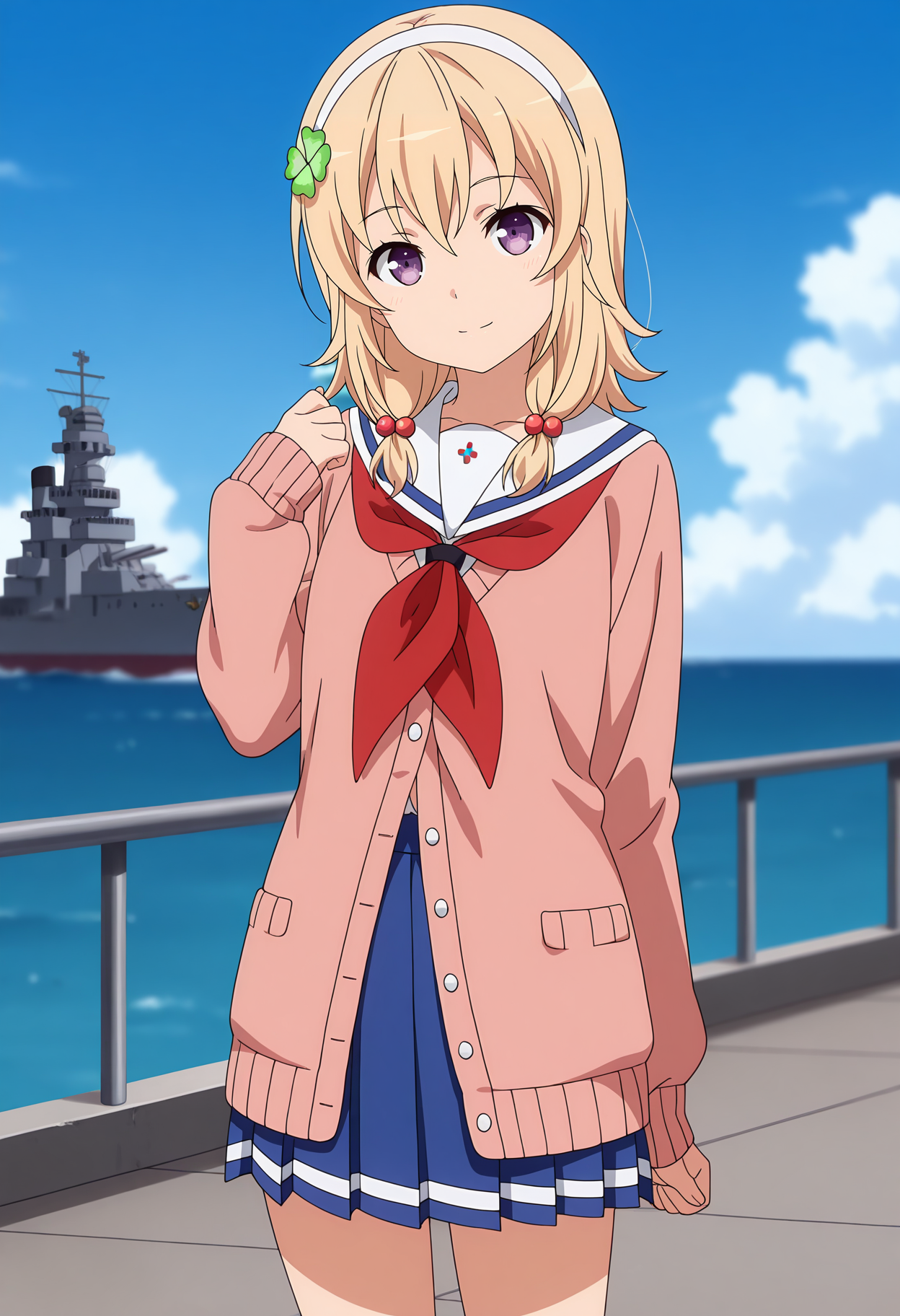 anime screencap, masterpiece, best quality,
<lora:HighSchoolFleet_WakasaReo_IlluXL:0.9>,
1girl, solo, closed mouth, light smile, head tilt,
low twintails, long hair, blonde hair, purple  eyes, white hairband, four-leaf clover hair ornament, hair bobbles,
white sailor collar, pink cardigan, red neckerchief, long sleeves, pleated skirt, blue skirt,
standing, looking at viewer, cowboy shot, legs,
horizon, dock, outdoors, battleship, warship, blue sky, blurry background