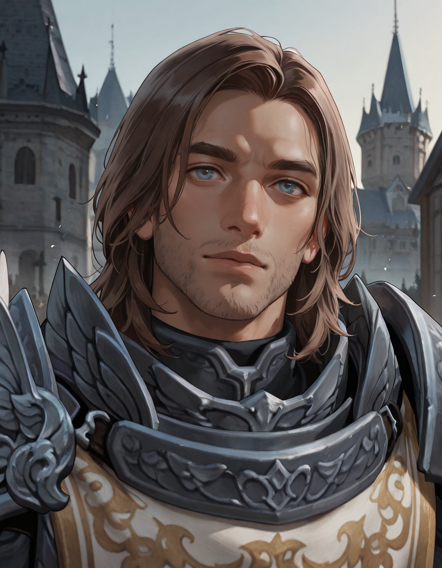 cinematic_depth, 8k, soft_lighting, warm_glow, ultra_high_quality, masterpiece, best quality, newest, perfect quality, best quality, detailed background, intricate details, male focus, solo, realistic, <lora:Guild Wars 2 - Logan Thackeray - Illustrious-000004:0.7>, gw2logan, 1boy, brown hair, medium hair, blue eyes, stubble, pauldrons, breastplate, tabard, portrait, looking at viewer, head tilt, outdoors, castle