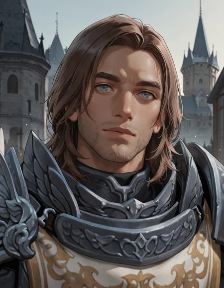 cinematic_depth, 8k, soft_lighting, warm_glow, ultra_high_quality, masterpiece, best quality, newest, perfect quality, best quality, detailed background, intricate details, male focus, solo, realistic, <lora:Guild Wars 2 - Logan Thackeray - Illustrious-000004:0.7>, gw2logan, 1boy, brown hair, medium hair, blue eyes, stubble, pauldrons, breastplate, tabard, portrait, looking at viewer, head tilt, outdoors, castle