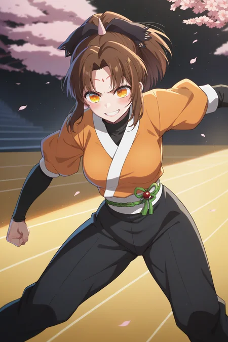 score_9, score_8_up, score_7_up, 1girl, prefect lighting, very aesthetic, intricate details, highly detailed background, masterpiece, high quality, prefect hands, best quality, solo,
<lora:Kana_Arima_Tsurugi_Oshi_No_Ko_V1:.85>, kjotsurugi, brown hair, orange eyes, forehead mark, parted bangs, single horn, ponytail, hair bow,
Orange shirt, black sleeves, black pants,
action pose, grin, blush, clenched hand,
stage, east asian architecture, cherry blossoms,
(Beautiful, medium Breasts:1.2), natural breasts,