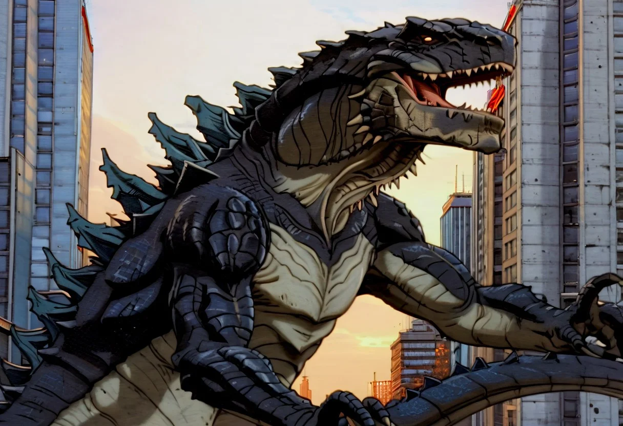 solo, zilla_1998, sharp teeth, spines, blue spines, scales, standing, looking at viewer, sharp teeth, wide shot, outside, New York gothic, broody sky, simple background, extremely detailed, HDR, <lora:ZILLA:0.8> fantasy quality, 2000s \(style\), retro artstyle, hyperrealistic, photorealism