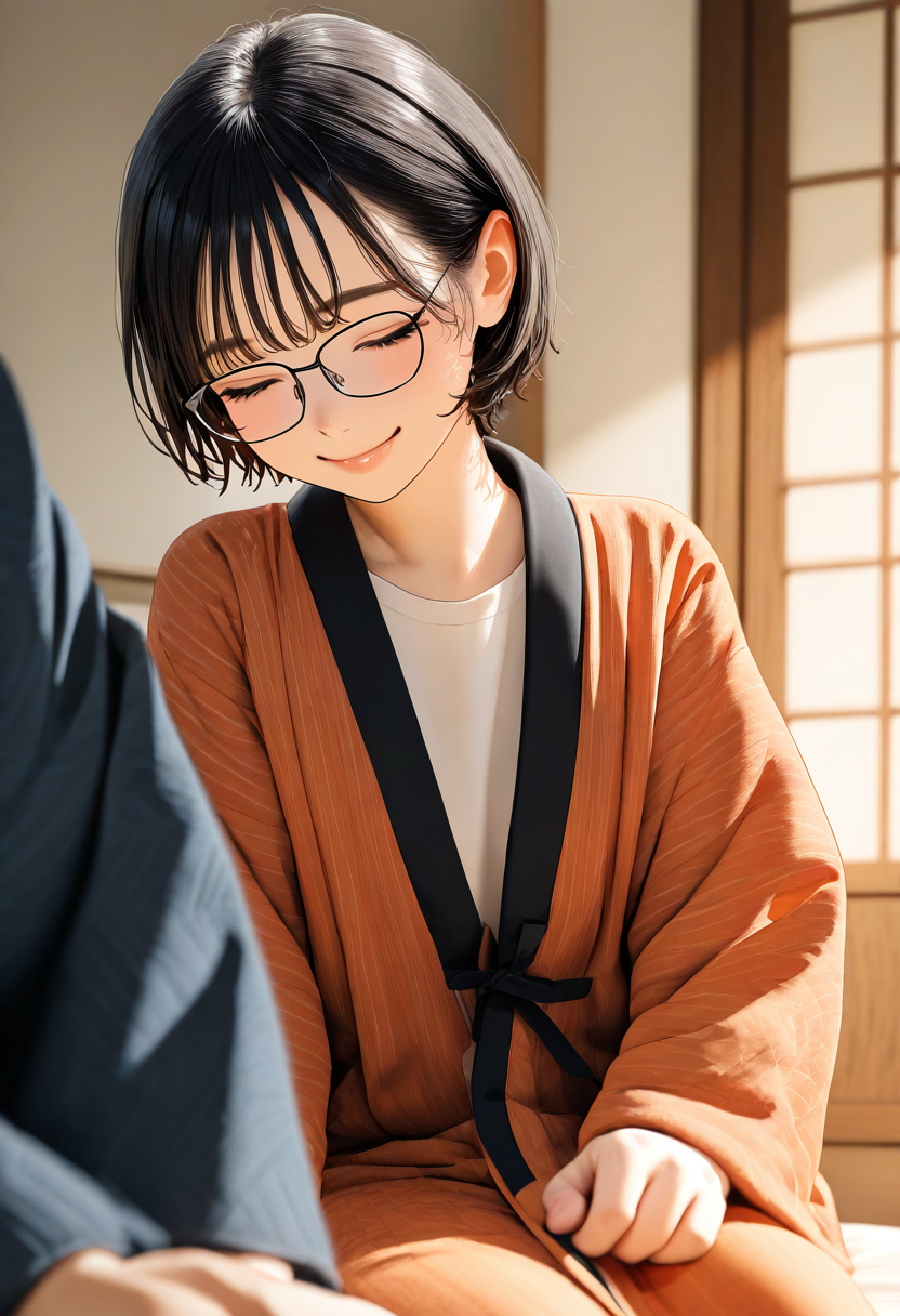 1girl, solo, glasses, black hair, hanten, hanten \(clothes\), closed eyes, short hair, long sleeves, sitting, 
indoors, happy, smile, looking at another, solo focus,
masterpiece, best quality, amazing quality, very aesthetic, absurdres,
 <lora:Clothing_hanten_illustrious_V1L_DIM4:0.8>