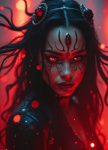 Antagonist Medusa with gems of mist mad gaze, dark deception, cinematic in Greg Rutkowski style, horrific , Trending on Artstation, Red and Black