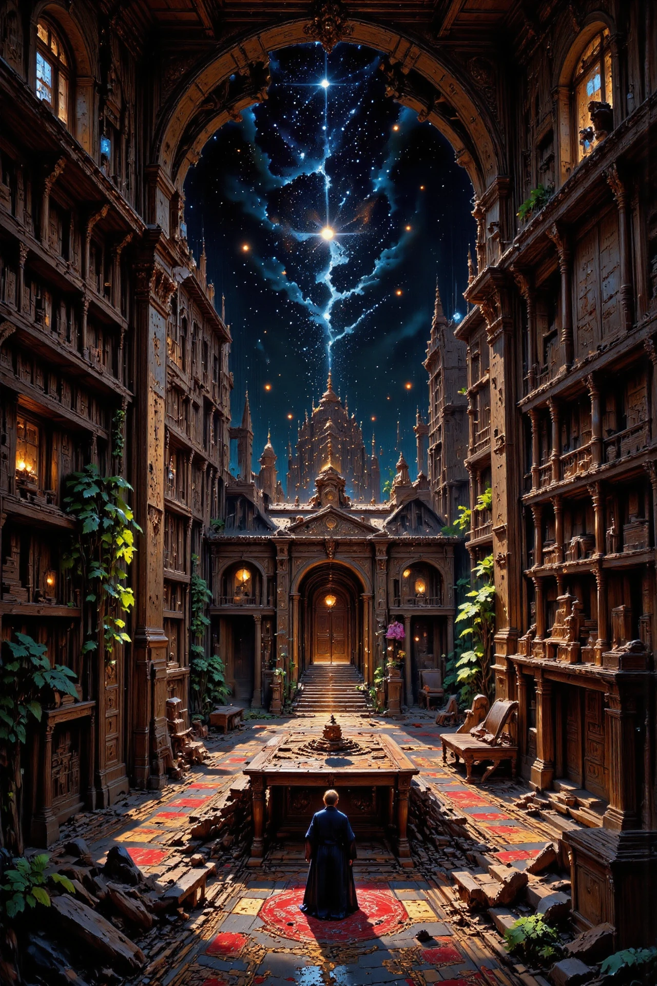 (haunted library),  beautiful (Romanian) fantasy landscape,  bright luminous starry night, woman, intricate, very detailed, sharp, colorful, <lora:Hand v2:1> <lora:Anti-Blur:1> <lora:Insane Detail Slider:0.5>   <lora:Flux.1_Turbo_Detailer:0.6> <lora:flux-photo-transparent_Alpha_1.0:0.8> <lora:flux.1_lora_flyway_Epic-detail_v2:0.6> <lora:Painterly01b_CE_FLUX_AIT:0.8> pntrlyCE_style, <lora:VividlySurreal:0.8>, <lora:FluxMythP0rtr4itStyle:0.8> mythp0rt