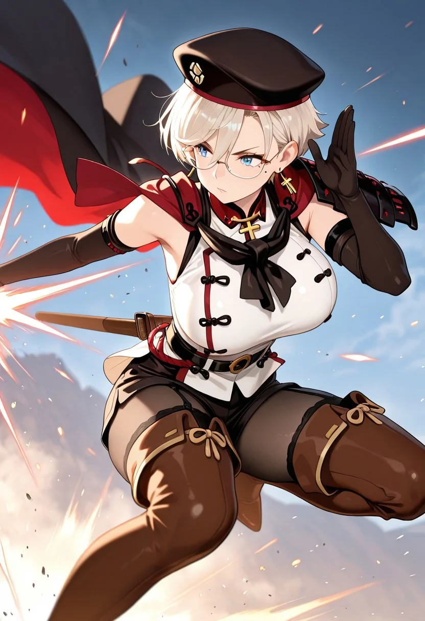 masterpiece,best quality,amazing quality,very aesthetic,high resolution,ultra detailed,perfect details,<lora:mai_ki_style:2>,mai_ki_style,
mature female,short hair,platinum blonde hair,mole under eye,blue eyes,beautiful detailed eyes,larg breasts,oval face,glasses,
bare_shoulders,detached_sleeves,belt,black pantyhose,black garter belt,high heels,(black beret),earrings,cross necklace,pendant,neckerchief,elbow gloves,armband,black armlet,fighting_stance,jumping, jump attack, shorts,cape,red color inner cape,(upper body,shoulder armor,left arm),(lower body,shorts),brown footwear,thigh boots,longeyelashes,collared shirt,