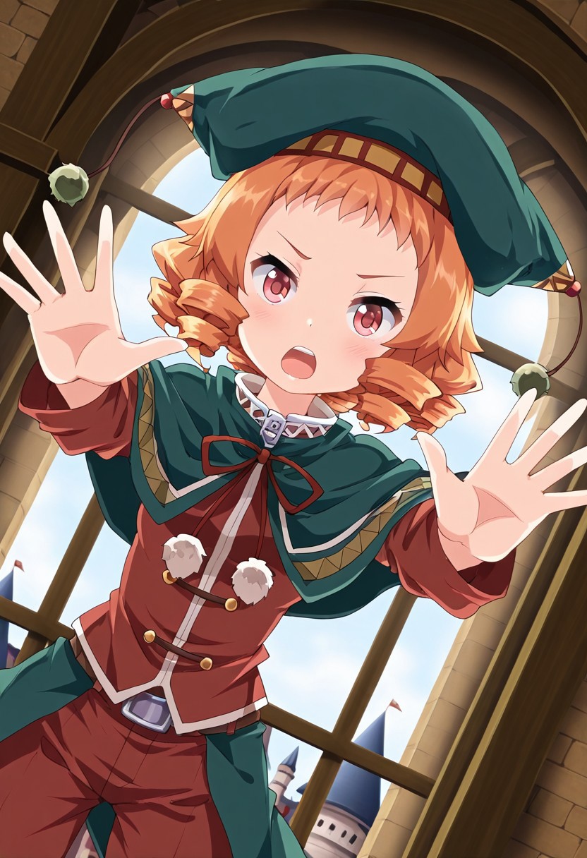 general,highres, ultra-detailed,very aesthetic,best quality ,best hands,best eyes,easynegative,
dynamic anglre, dutch angle, anime cloring,
1girl solo,looking at viewer,castle,indoors,open mouth,
Ruu-Ruu,orange hair,rolling hair,short hair,red hair,small breast,short body,petite,mantle,pants,hat,