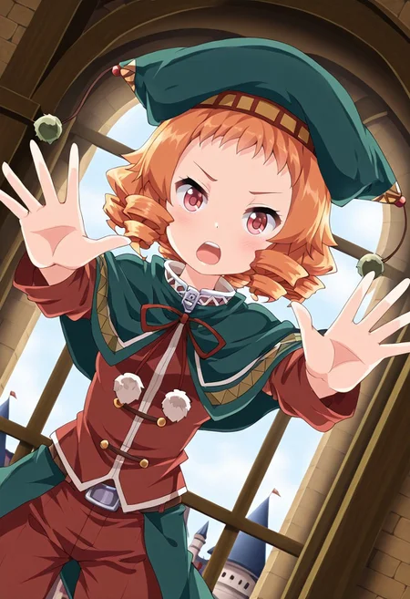 general,highres, ultra-detailed,very aesthetic,best quality ,best hands,best eyes,easynegative,
dynamic anglre, dutch angle, anime cloring,
1girl solo,looking at viewer,castle,indoors,open mouth,
Ruu-Ruu,orange hair,rolling hair,short hair,red hair,small breast,short body,petite,mantle,pants,hat,