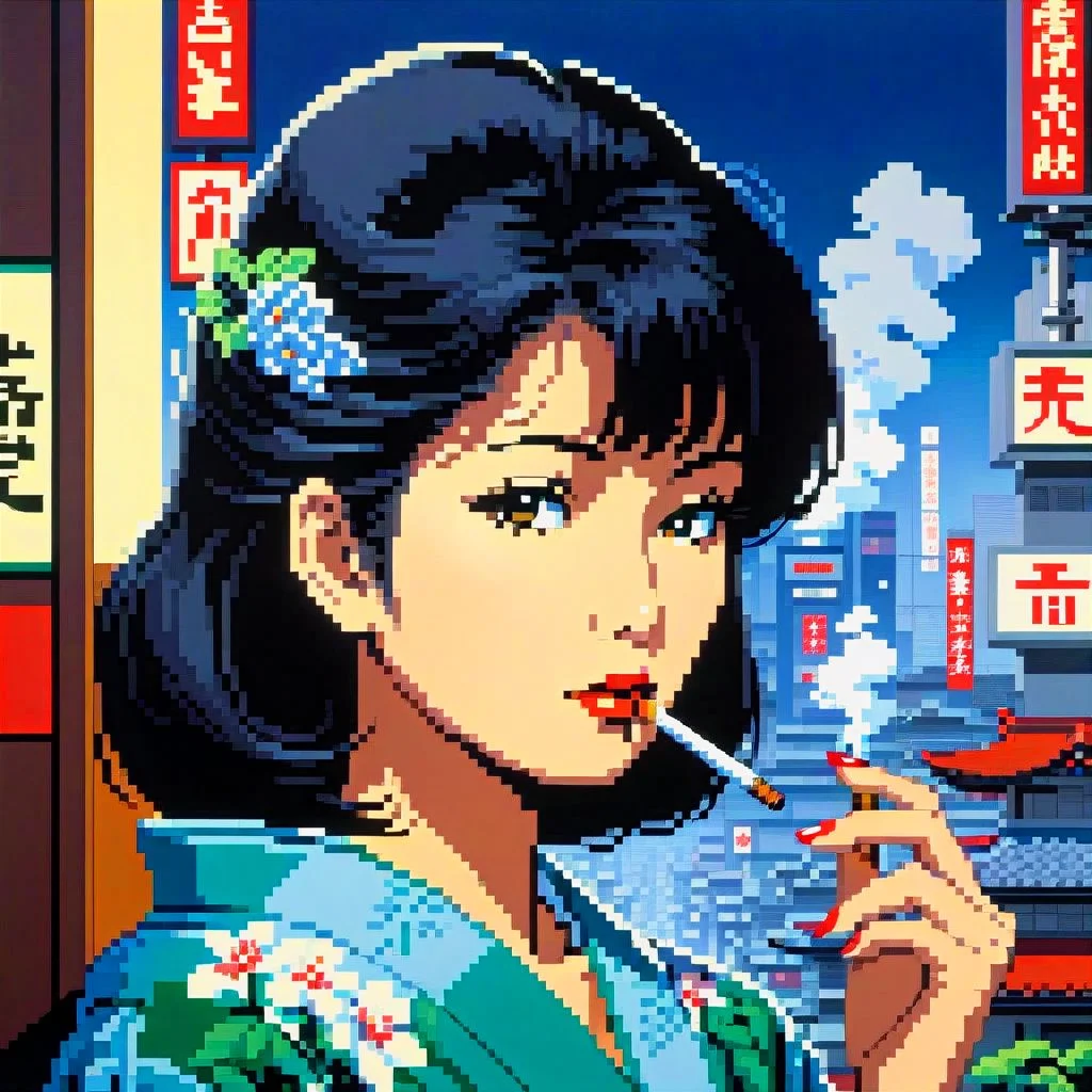 hiroshi_nagai, japanese lady smoking overlooking city, pixel