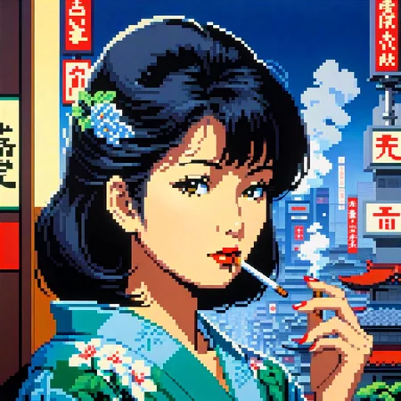 hiroshi_nagai, japanese lady smoking overlooking city, pixel