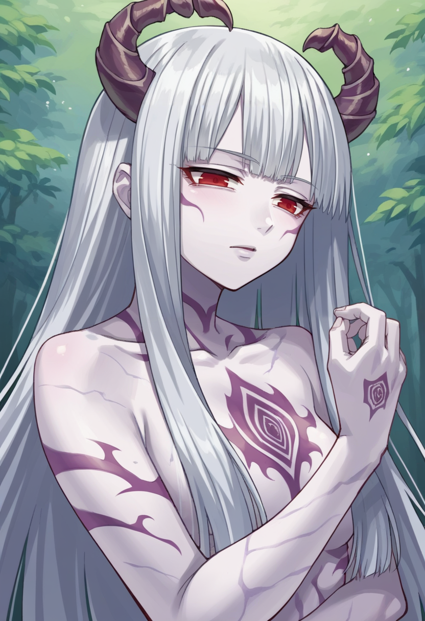 score_9, score_8_up, score_7_up, source_anime  BREAK    1girl, Uematsu Rikako, silver hair, long hair, red eyes, tsuchigumo form, horns, white skin, tattoos,   <lora:RikakoPonyXLNoscale-000009:1>