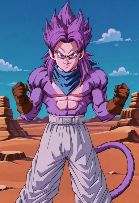GTTrunks, 1boy, purple hair, blue bandana around neck, brown gloves, shorts, white pants, brown boots, abs, body fur, long hair, monkey tail, muscular, pectorals, (purple fur:1.5), solo, spiked hair, ssj4, super saiyan, tail, solo, fighting stance, standing, clenched hands, dynamic pose, upper body, looking at viewer, smirk, closed_mouth, cowboy shot, desert background, blue sky, clouds, scene reference, verybadimagenegative_v1.3