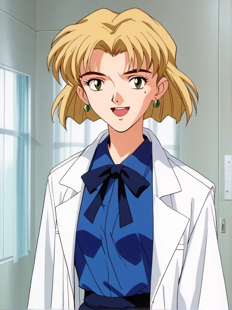 1girl, solo, rits3, blonde hair, short hair, green eyes, lab coat, blue shirt, black skirt, open smile, mole under right eye, mole, jewellery, earrings, ribbon, young, [[full body]], retro artstyle, <lora:rits3:1>,