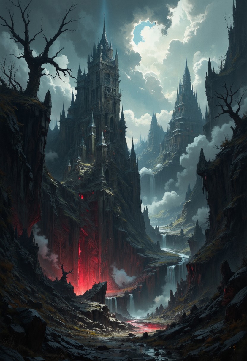 A dark fantasy vista shrouded in thick, swirling mist, with jagged, towering mountains silhouetted against a stormy, overcast sky. Ancient, crumbling ruins emerge from the fog, their spires and arches covered in creeping vines and glowing runes. A winding, broken stone path leads to a massive abyss, faintly illuminated by an eerie crimson light emanating from its depths. Gnarled, leafless trees with twisted branches stand like sentinels, their forms partially obscured by the haze. The atmosphere is heavy with dread and mystery, tinged with hues of deep gray, blood red, and faint blue, evoking a sense of foreboding in the otherworldly landscape.