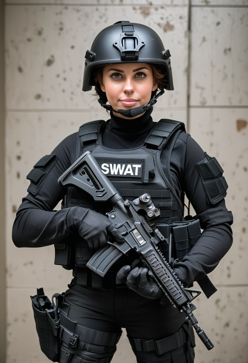 (medium full shot) of (focused SWAT officer) young woman, Medium build, short brown hair, italian, tan skin, light Blue eyes, wearing a tactical helmet, black tactical vest, lightweight pants, combat boots, body armor tactical belt, carrying a grenade, set in  a drug bust in progress, with SWAT teams, suspected hideouts, secure perimeters, and tactical gear , during day, woman smiling, ,Masterpiece,best quality, raw photo, realistic, very aesthetic