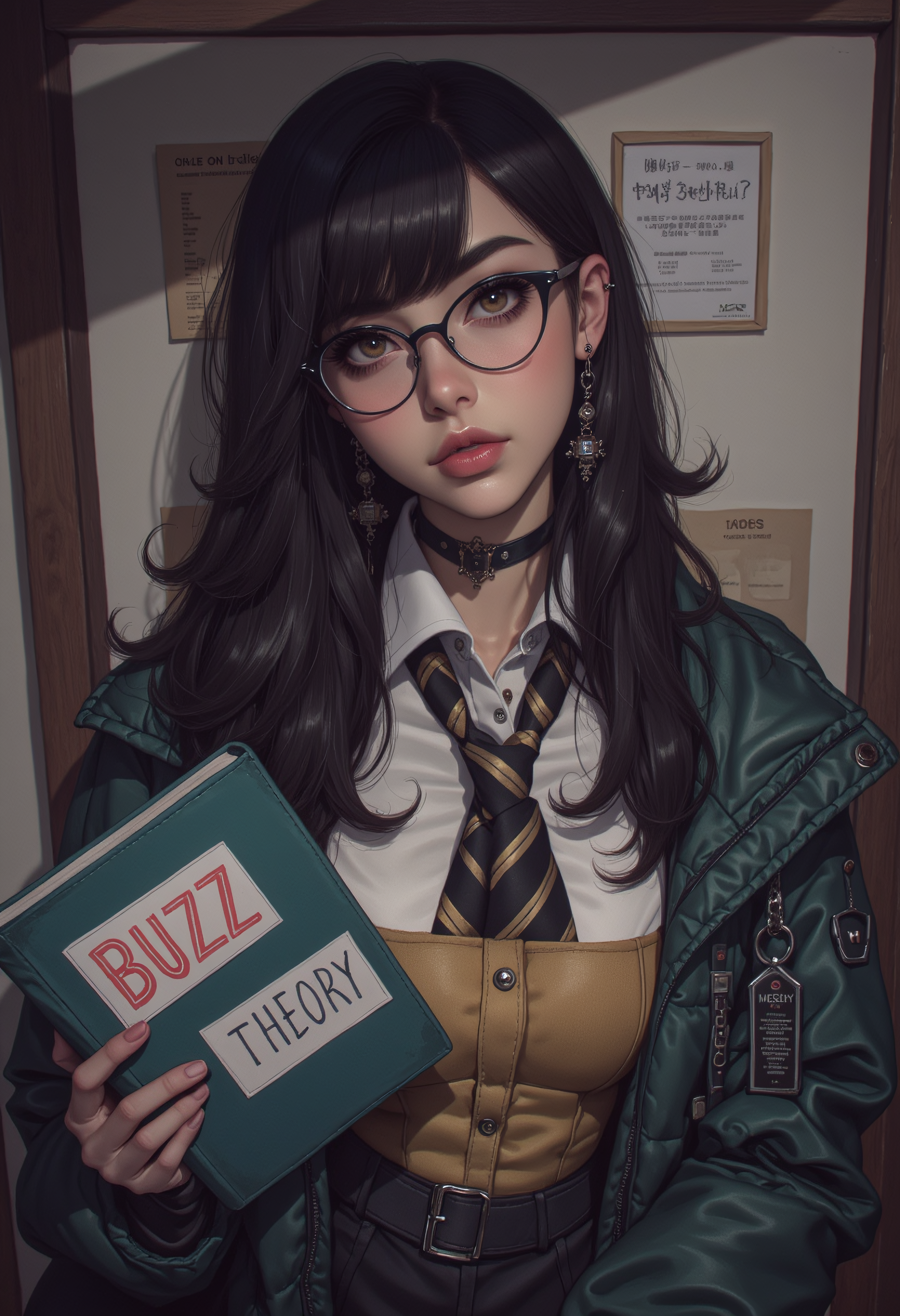 Ultra high quality, very detailed, Black hair teacher in a glasses stands with a book, book with text says "BUZZ THEORY", she has strict style makeup, medium breast, in the summer, wearing a jacket