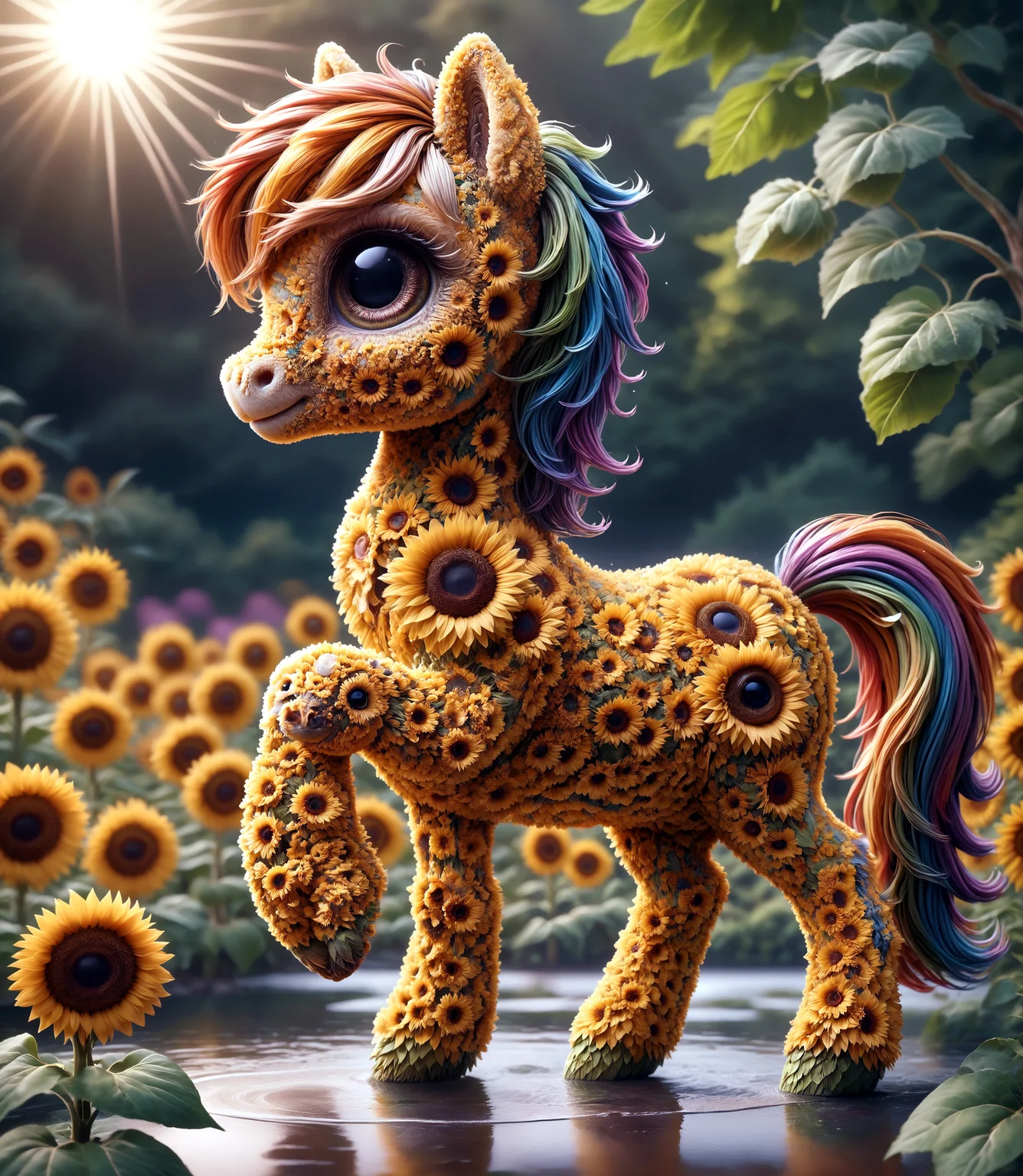 score_9, score_8_up, score_7_up,
5unfl0w3r, 3d, a cute (rearing:1.2) pony is made entirely from sunflowers, detailed face, (big eyes:0.9), detailed eyes, smile, long eye lashes,
iced water ground, reflection, (colorful splash:1.1), (colorful sky:0.9), tree, rainbow,
detailed light, shadow, sunlight, (vibrant colors:1.1), (colorful:1.1),
from slightly side,