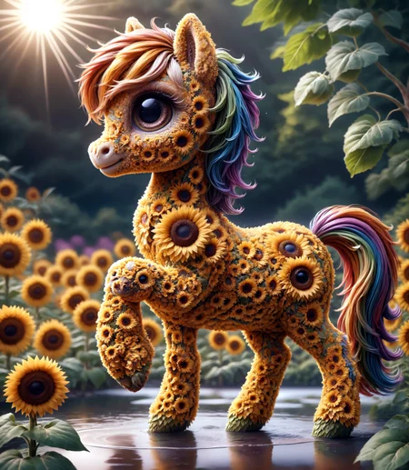 score_9, score_8_up, score_7_up,

5unfl0w3r, 3d, a cute (rearing:1.2) pony is made entirely from sunflowers, detailed face, (big eyes:0.9), detailed eyes, smile, long eye lashes,

iced water ground, reflection, (colorful splash:1.1), (colorful sky:0.9), tree, rainbow,

detailed light, shadow, sunlight, (vibrant colors:1.1), (colorful:1.1), 

from slightly side, 