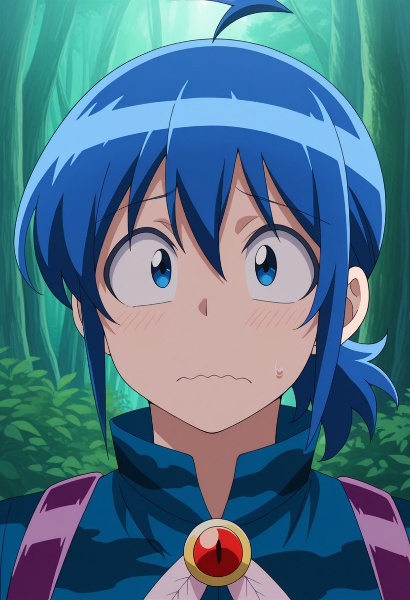 masterpiece,best quality,amazing quality, source_anime,
IrumaSuzuki, 1boy, male focus, solo, blue eyes, blue hair, ahoge, ponytail, jacket, camouflage jacket, blue jacket, brooch, portrait, wavy mouth, 
outdoor, nature,