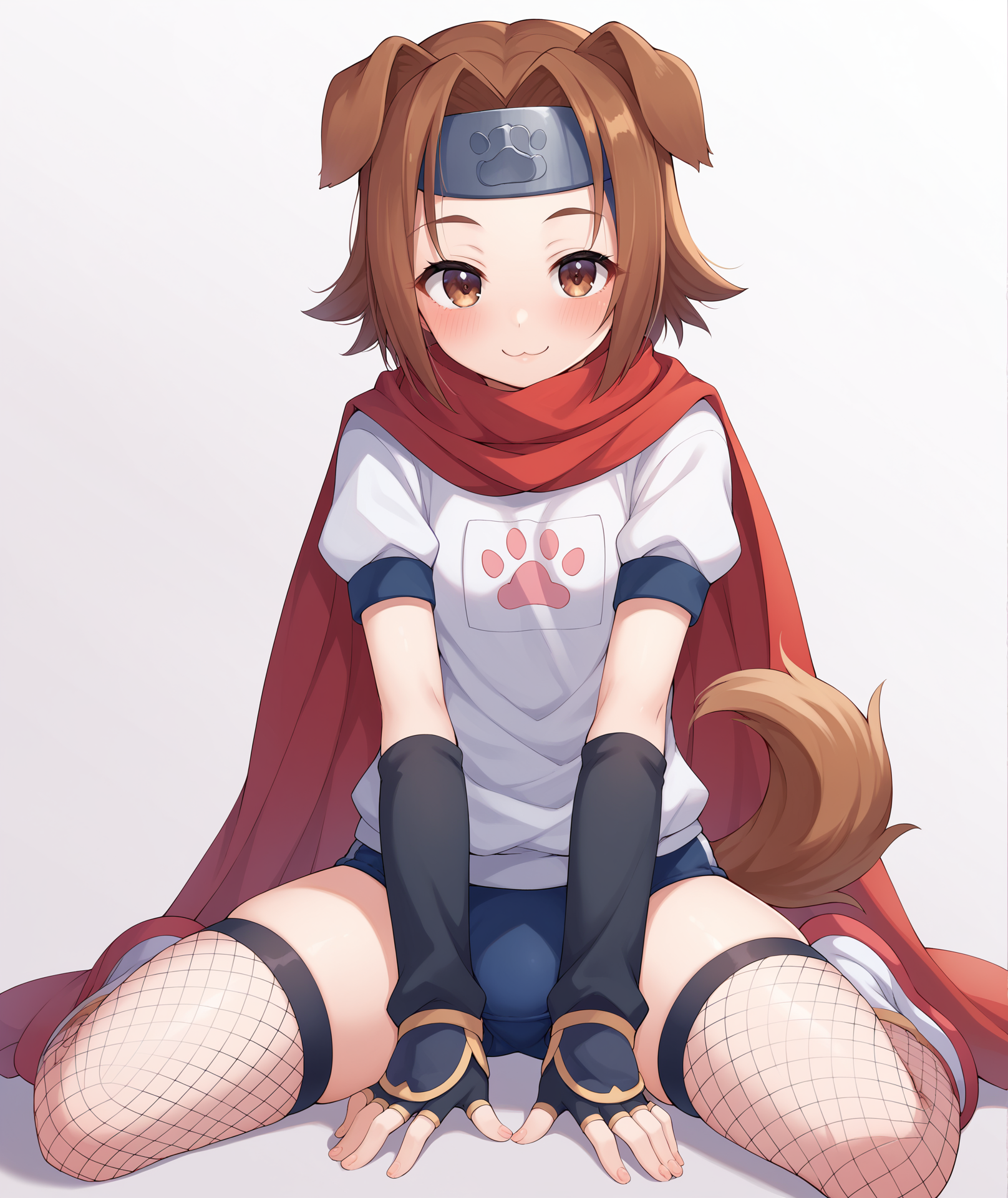score_9, score_8_up, score_7_up, score_6_up, score_5_up, score_4_up, BREAK, source_anime, best quality, masterpiece, 2d, intricate details, official style, anime, 4k, anime style,
konohaai, 1girl, solo, brown eyes, blush, smile, short hair, brown hair, animal ears, tail, dog ears, dog tail, dog girl, forehead protector, headband, metal headband,
thighhighs, gloves, elbow gloves, fingerless gloves, scarf, cape, headband, thigh gap, fishnets, gym uniform, buruma, fishnet thighhighs, blue buruma, 
sitting, hands on own knees, cowboy shot, looking at viewer, white background, simple background, gradient background, <lora:Konoha_Pony:1>,