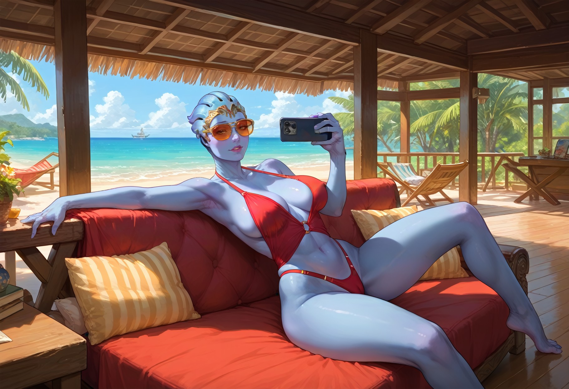 score_9, score_8, score_7, score_6, bungalow, resort, ((1girl, solo)), mature asari, samara1, blue skin, toned body, ((lounging on couch)), ((taking a selfie)), large breasts, wide hips, red swimsuit, golden tiara, sunglasses, patio, wooden floor, indoors, table, scenery, tree, beach, ocean in background, furniture, detailed background, expressiveh, <lora:BeachBungalow-10pony:0.95>  <lora:Expressive_H:1>,  <lora:Pony_DetailV2.0:1> <lora:Samara-Ponyxl:0.7> <lora:cute_sexy_robutts_pony:0.4>