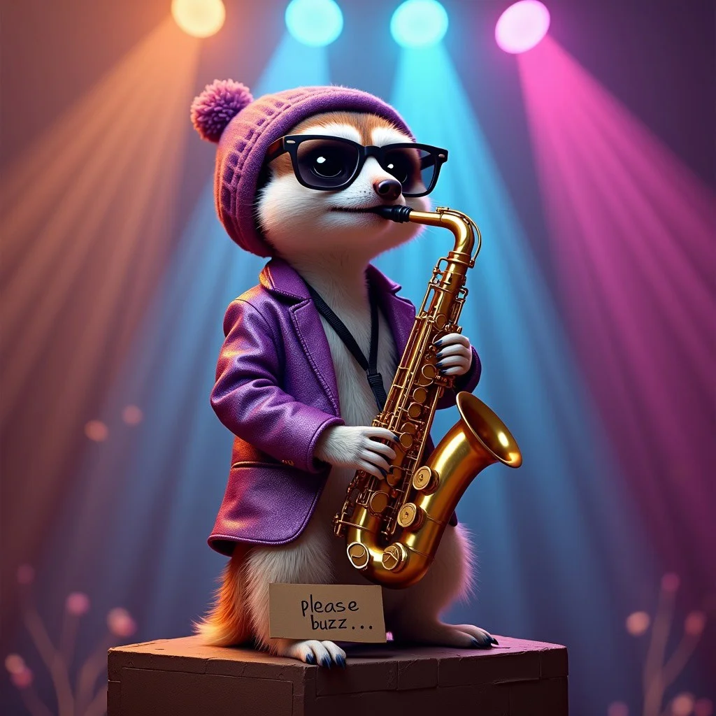 A cute meerkat playing the saxophone up on a high pedestal, wearing a beanie, shades, a purple sparkling jacket, disco lights, photorealistic, a cardboard sign that says "Please Buzz...", colourful, epic, cinematic shot,