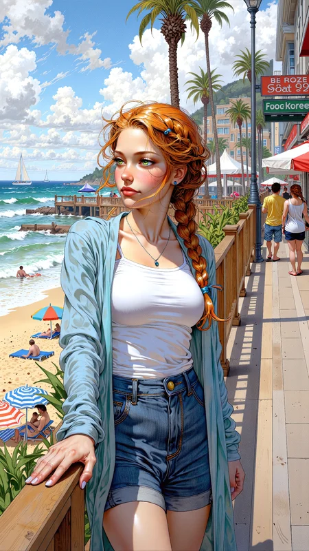 High-resolution anime-style illustration with bold painterly textures, blending soft washes with crisp, dynamic details. A cute young woman with long, wavy ginger hair, styled into an intricate braided updo with loose strands framing her face, stands at the edge of a bustling seaside boardwalk. The salty breeze plays with her hair as she gazes out over the vast ocean, her deep green eyes reflecting the shimmering waves. She wears a stylish yet casual outfit in soft pastel tonesâa fitted white tank top layered under an open, lightweight blue cardigan, paired with high-waisted denim shorts that hug her figure, blending comfort with modern flair. Her hands rest gently on the wooden railing, her posture relaxed yet thoughtful. Below, colorful beach umbrellas and sunbathers dot the golden sand, while distant sailboats drift lazily on the horizon. Sunlight reflects off the rolling waves, casting a warm, golden glow over the scene, blending the carefree energy of summer with the peaceful rhythm of the sea. <lora:car1ar1_cap_d6a3:0.8> <lora:FluxMythV2:1.2> <lora:Dorota_Pietrowiak:0.6>