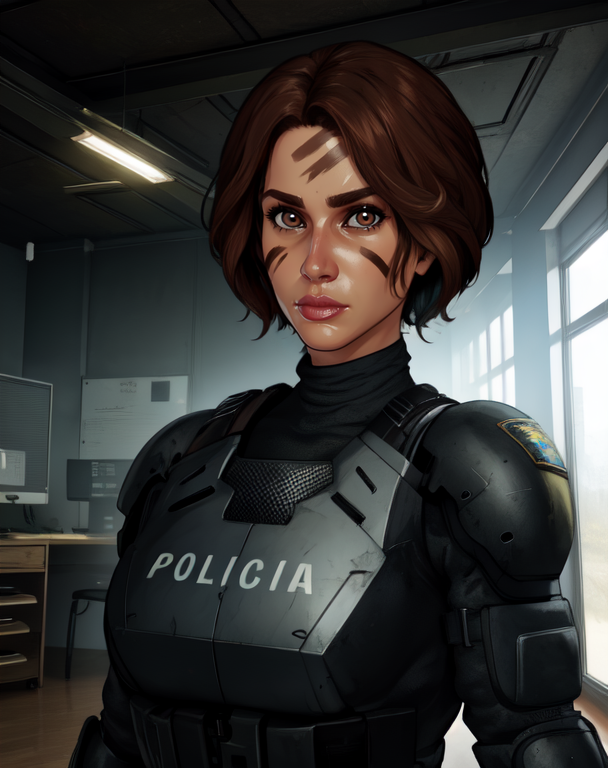 Mira, very short hair, black hair,  brown eyes,  facial mark, 
standing,   upper body,  looking at viewer, 
police uniform, armor,  policia, 
indoors, police station, 
(insanely detailed, beautiful detailed face, masterpiece, best quality),  
 <lora:Mira:0.8>