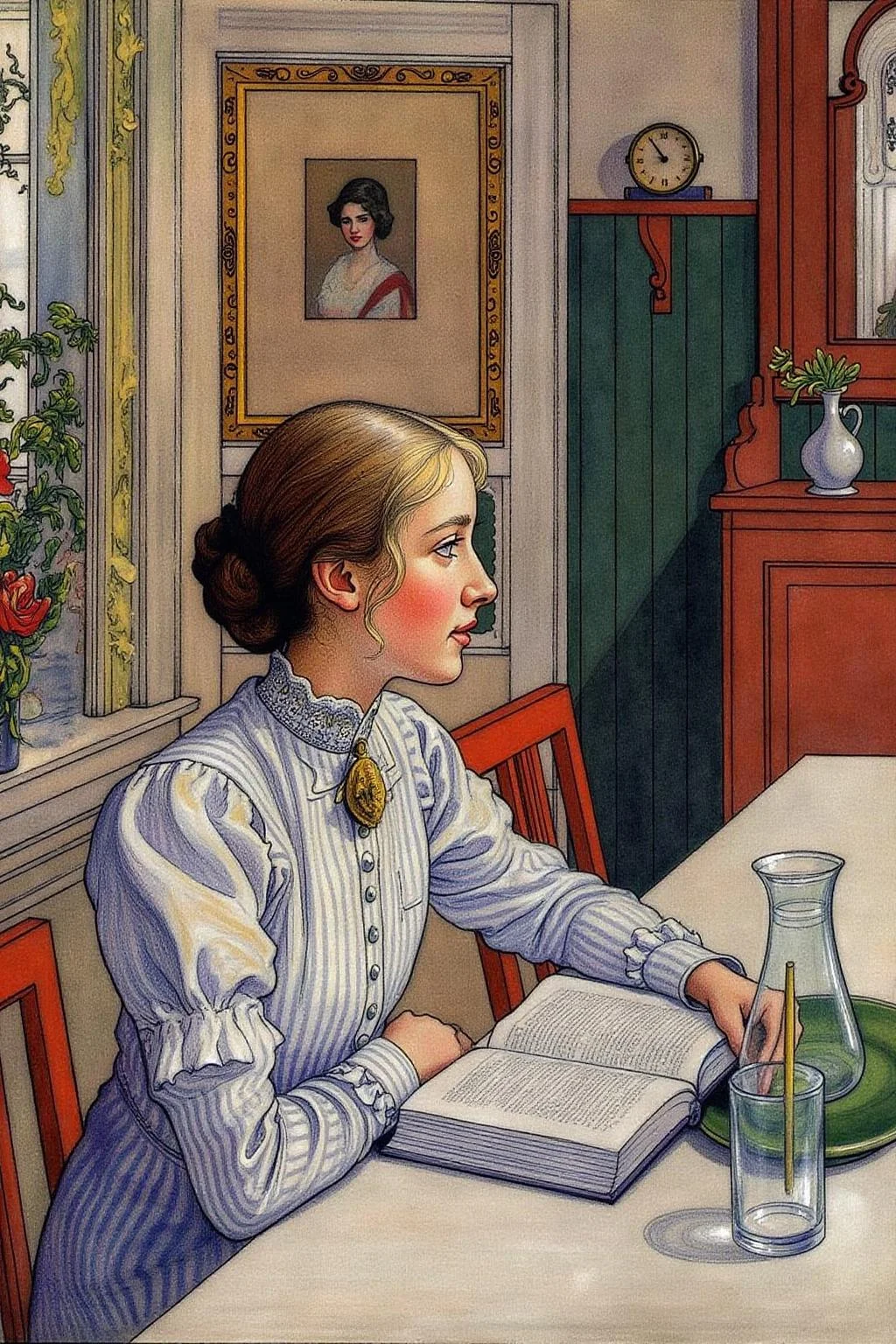 car1ar painting.
A young woman sitting at a table, reading a book. The woman, with light brown hair styled in a loose bun, is dressed in a white, high-collared blouse with intricate lace detailing, suggesting a late 19th or early 20th century setting. <lora:car1ar1_cap_d6a3:1.0><lora:825497430448424076:0>