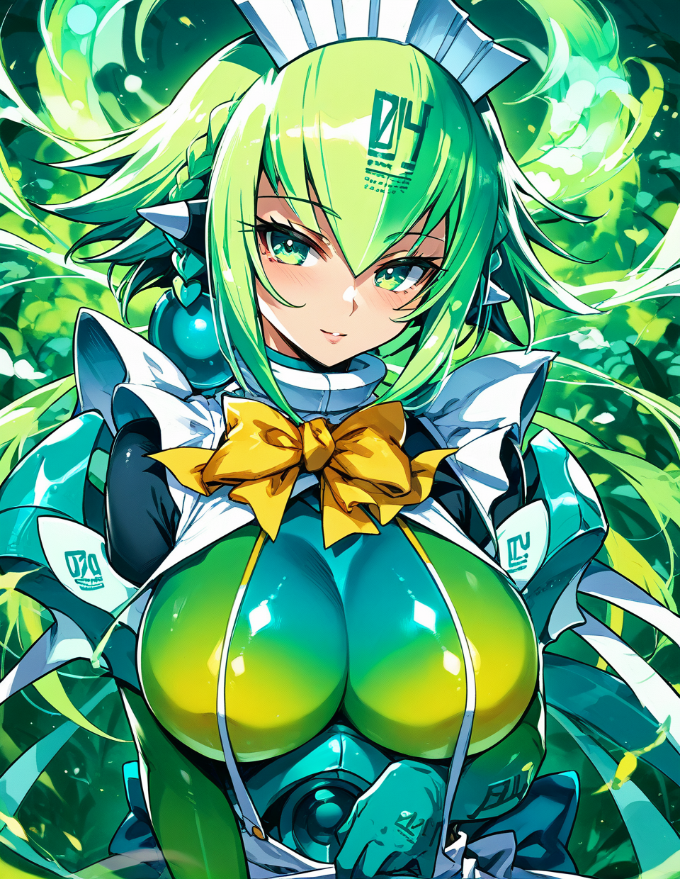 score_9,score_8_up,score_7_up,score_6_up,score_5_up,score_4_up,
1girl,<lora:emera_pony:1>,emera(bombergirl),green hair,green eyes,looking at viewer,maid headdress,bodysuit,