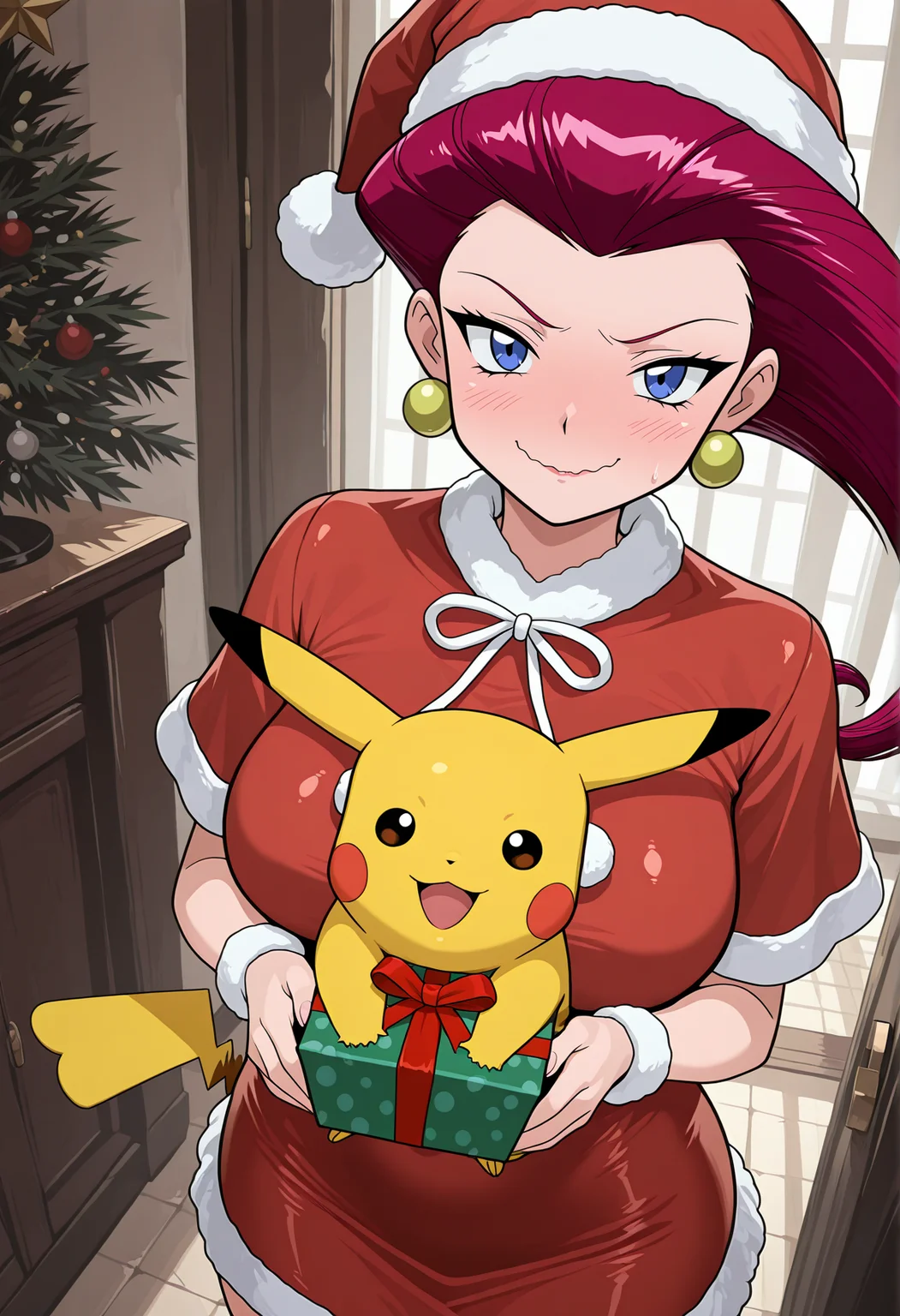 amazing quality,very aesthetic,absurdres,best quality,newest,masterpiece,4k resolution, absurdres, highres, detailed background,
<lora:jessiev2:0.8> 1girl,, jessie (pokemon), wavy mouth, happy, santa costume, santa hat, blush, pikachu, holding gift, looking at viewer, from above