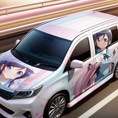 aragaki ayase,school uniform,smile, from side(lapping car,print car,painted car style),masterpiece,best quality, very aesthetic, absurdres, ultra detailed <lora:Ayase_Aragaki_-_Oreimo:0.7> <lora:lappingcar:1>