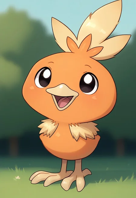 score_9, score_8_up, score_7_up, score_6_up, extremely detailed, torchicLora, pokemon (creature), solid black eyes, beady eyes, big head, tiny body, round head, chibi, super deformed, cute, smol bean, cowboy shot, happy, open mouth, looking around, solo, facing viewer, front view, the park, outdoors, daytime, bright lighting,